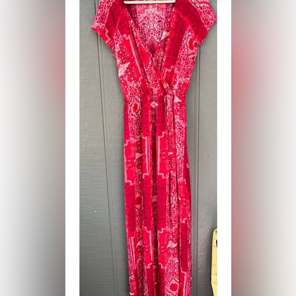 Lucky Brand Women's Boho Maxi Dress Short Sleeve Elastic Waist Red Wrap small - Picture 2 of 7